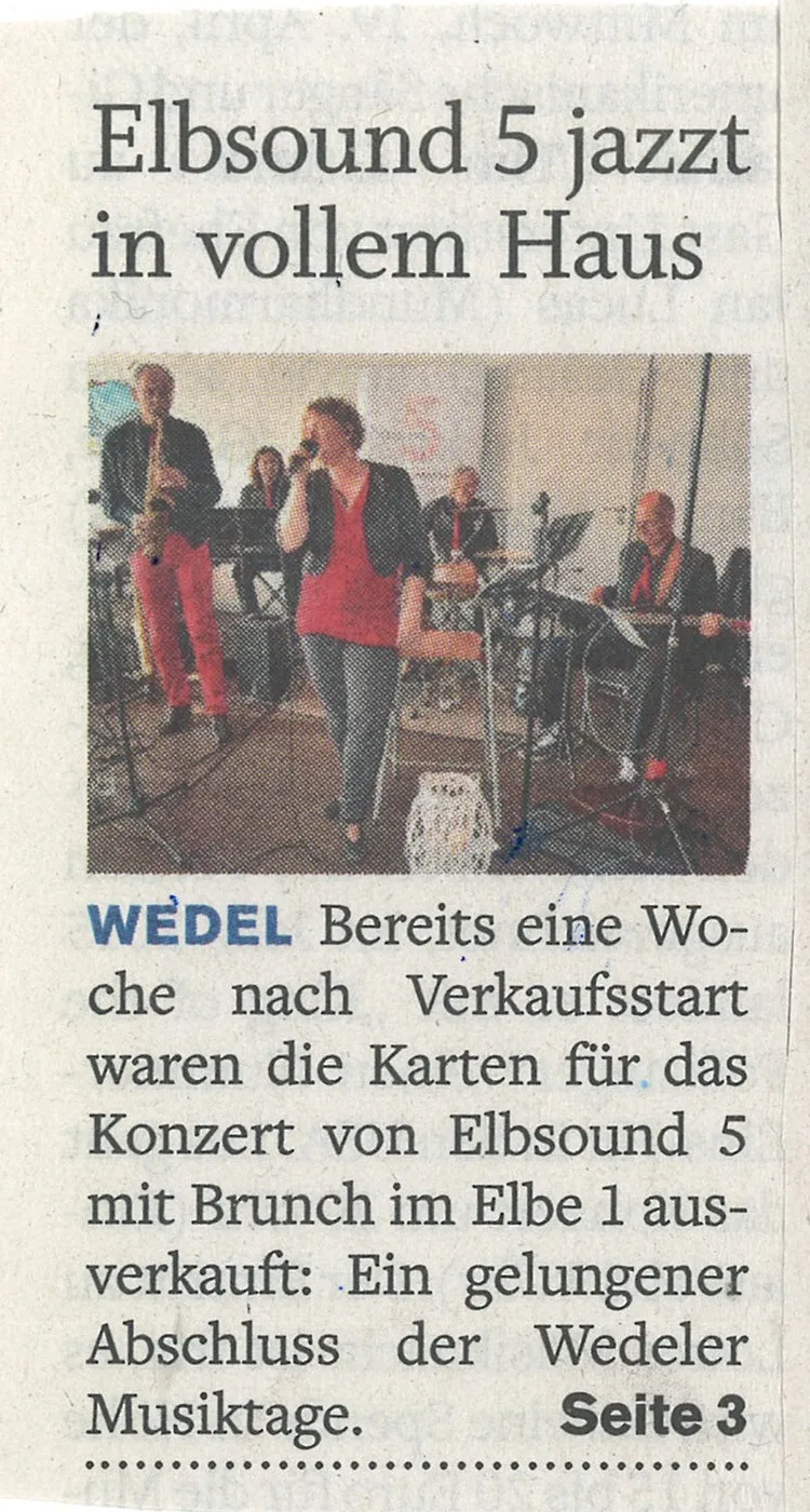 Zeitungsausschnitt: „Elbsound 5 jazzt in vollem Haus